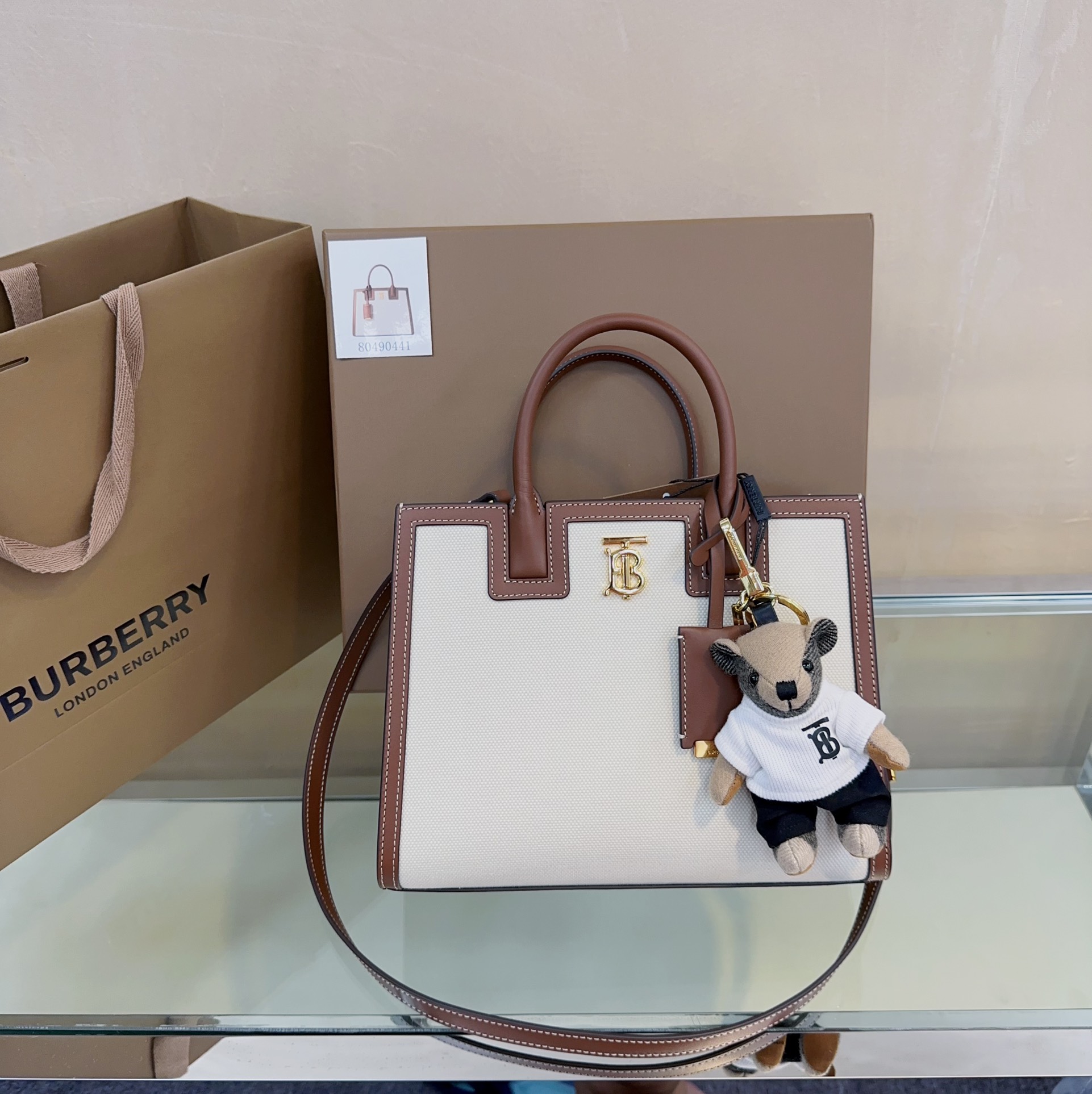 Burberry Mini Frances Bag Thomas Burberry Monogram Two-tone Grainy Calf Leather White and Coffee