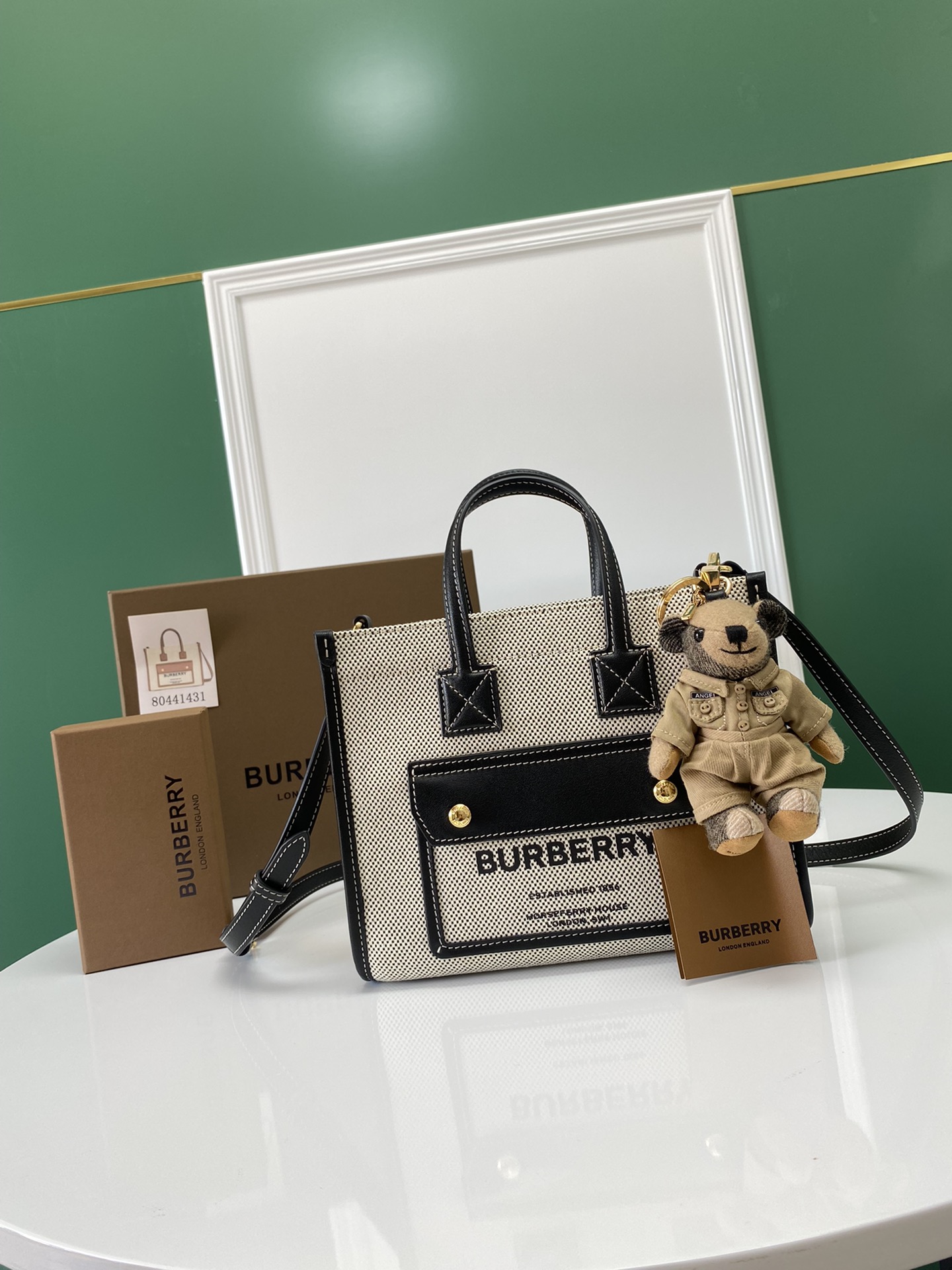 Burberry Mini Freya Tote in Canvas Trimmed Natural and Black