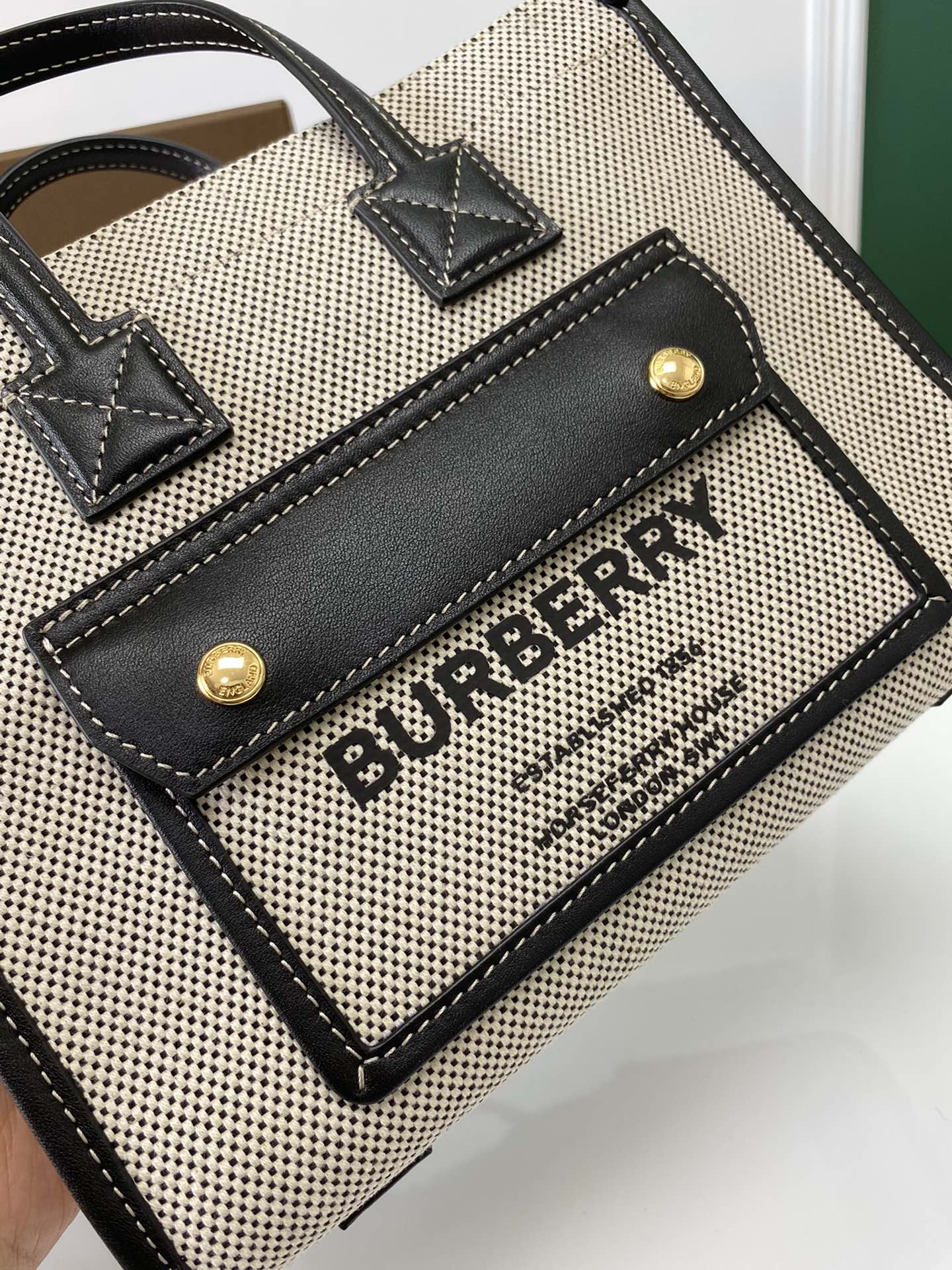 Burberry Mini Freya Tote in Canvas Trimmed Natural and Black