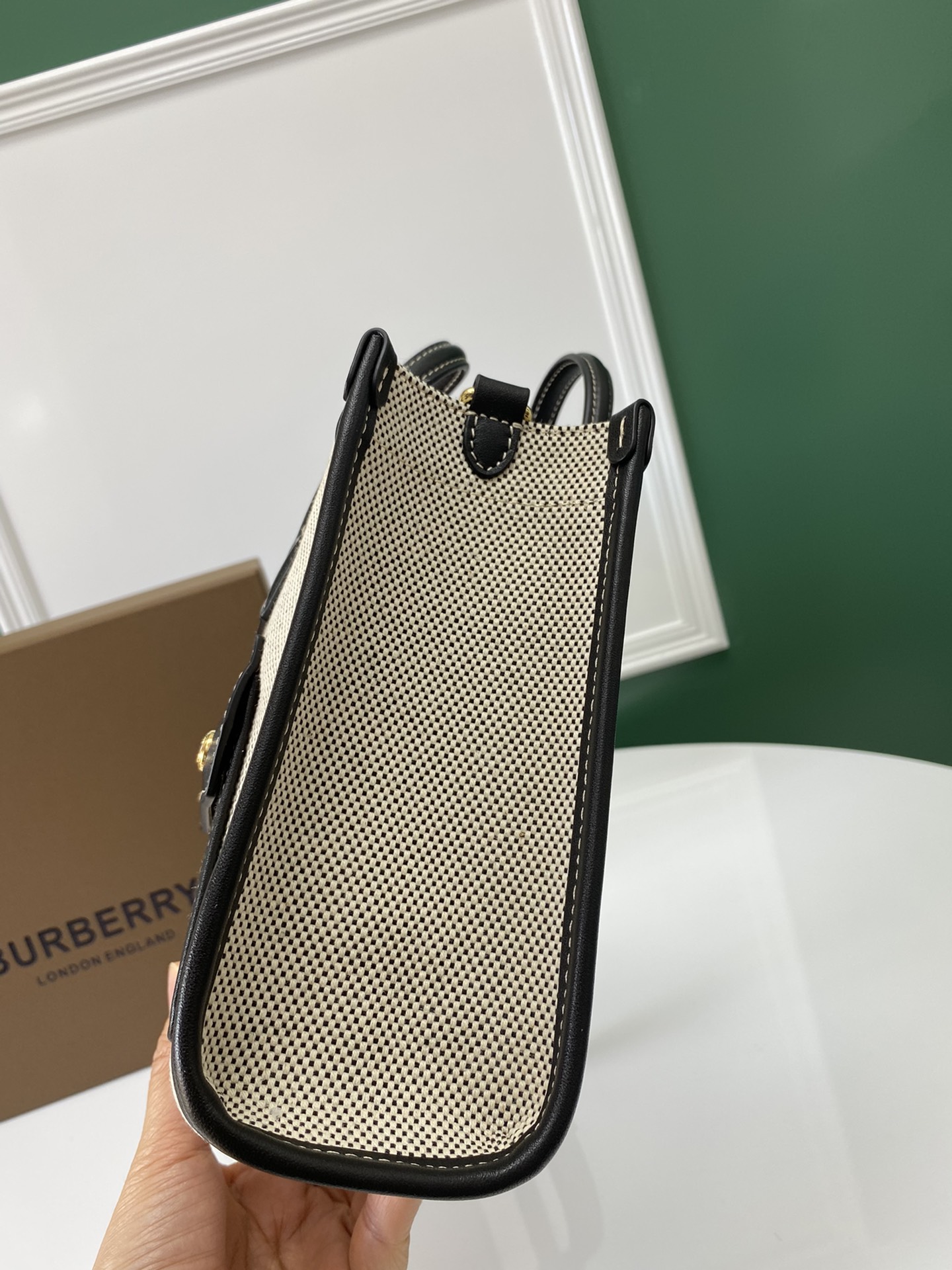 Burberry Mini Freya Tote in Canvas Trimmed Natural and Black