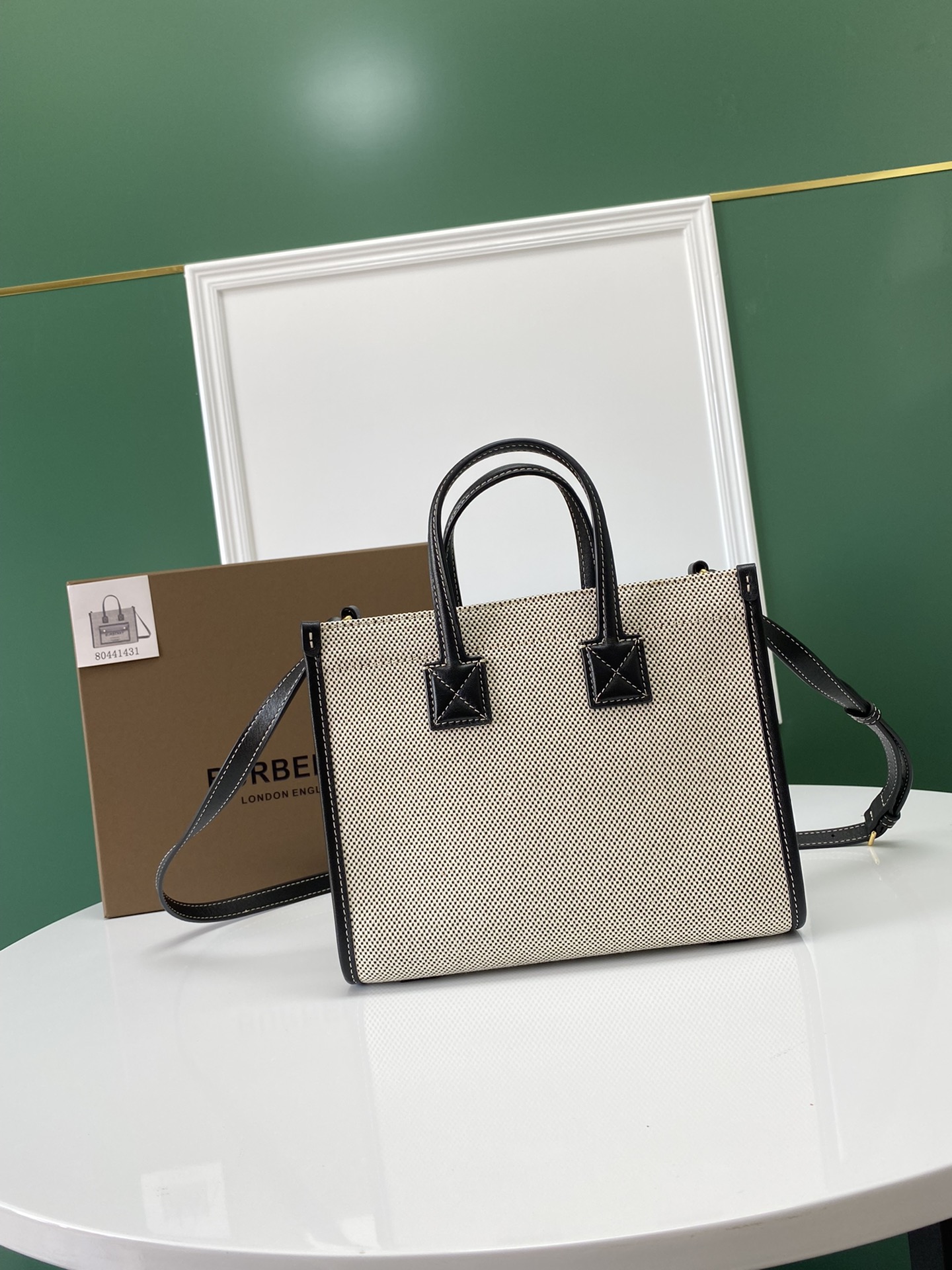 Burberry Mini Freya Tote in Canvas Trimmed Natural and Black