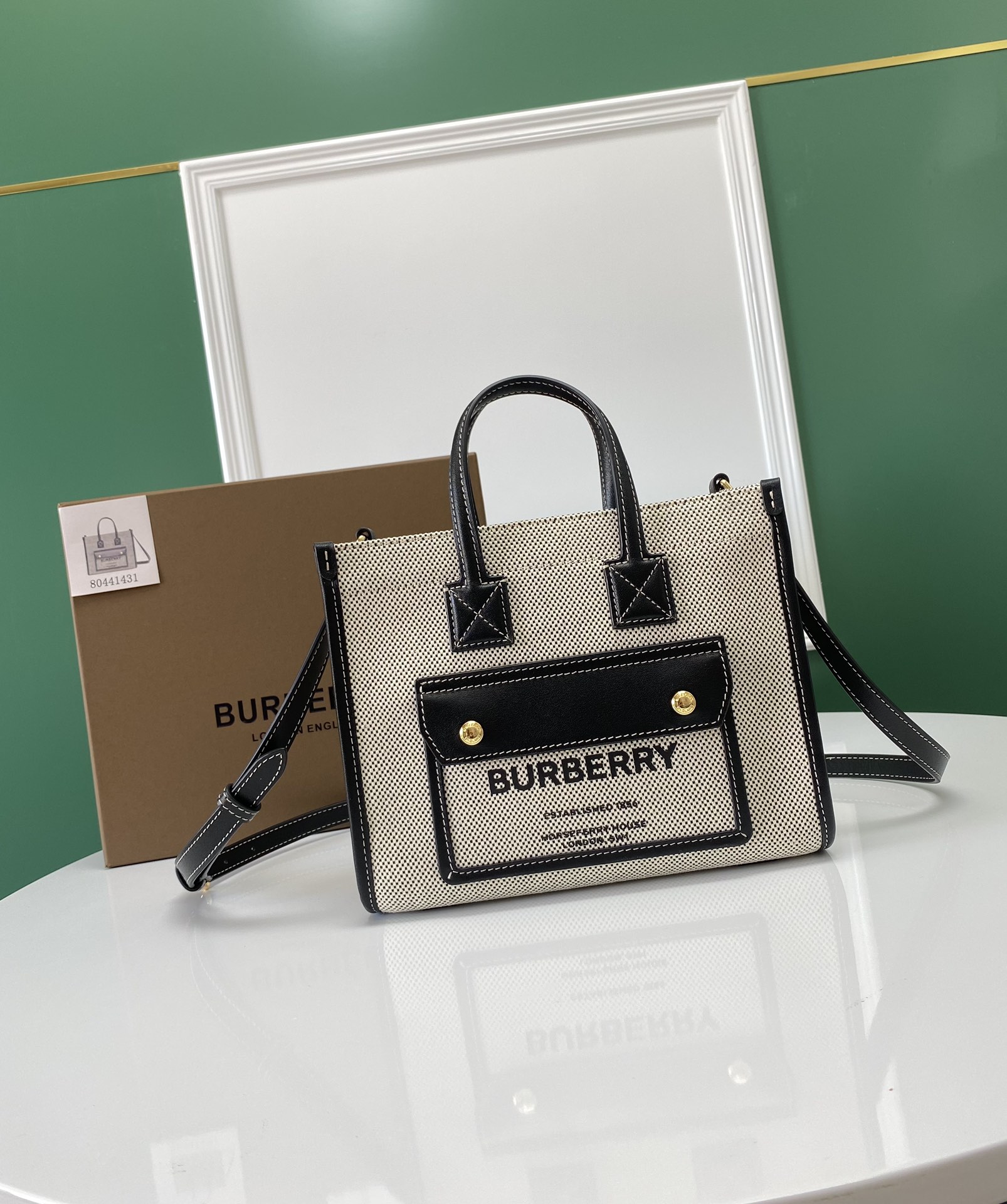 Burberry Mini Freya Tote in Canvas Trimmed Natural and Black