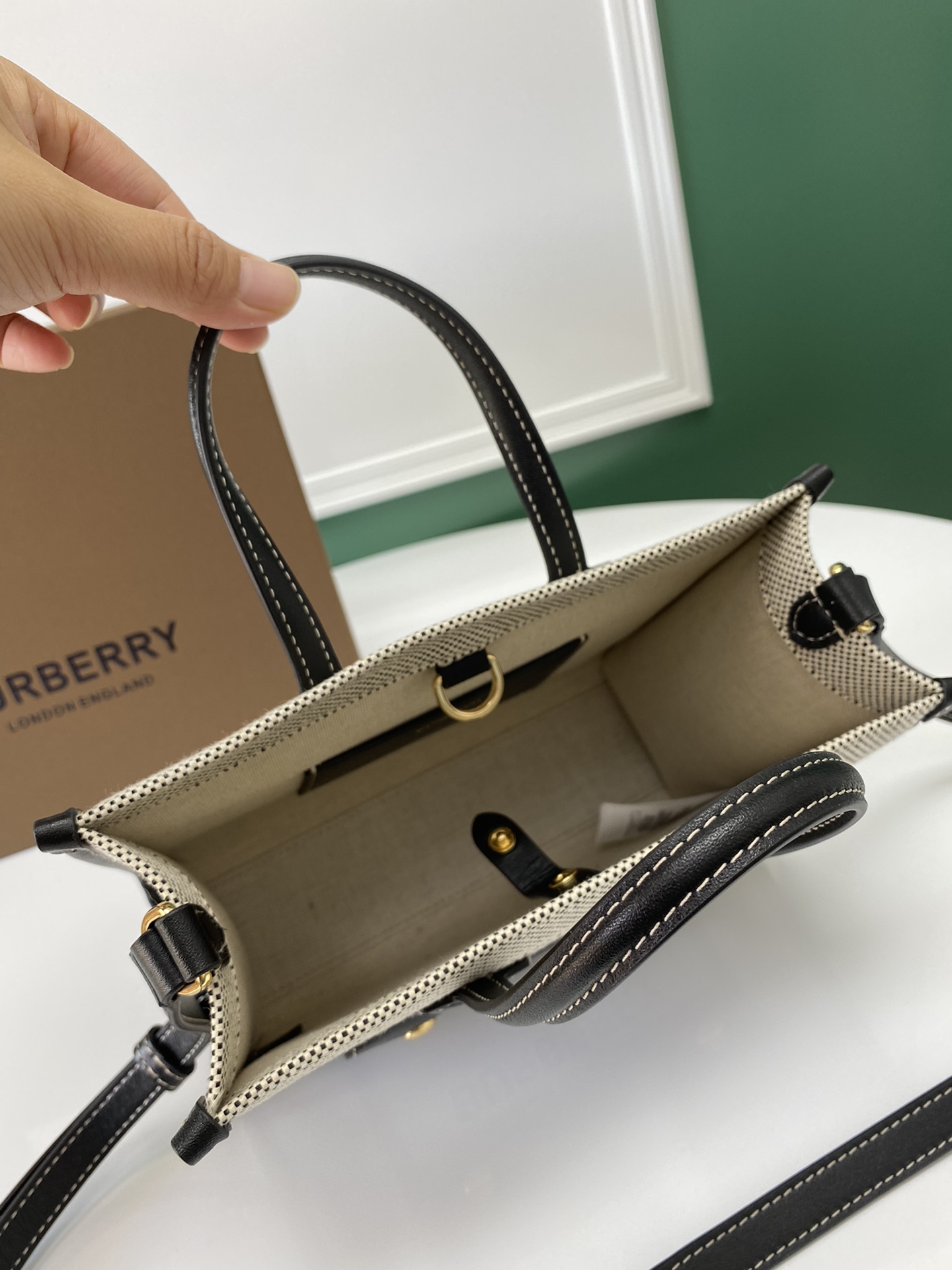 Burberry Mini Freya Tote in Canvas Trimmed Natural and Black