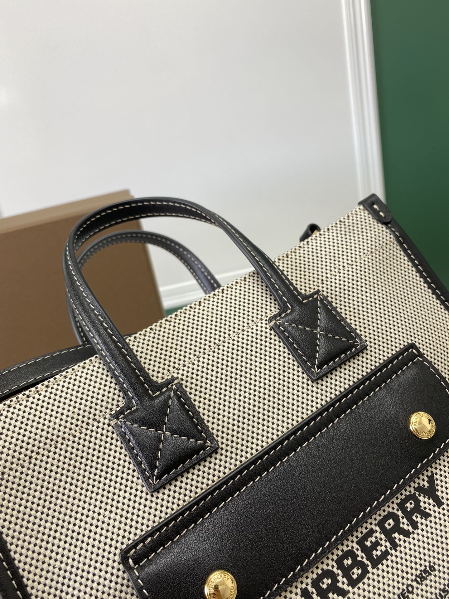 Burberry Mini Freya Tote in Canvas Trimmed Natural and Black