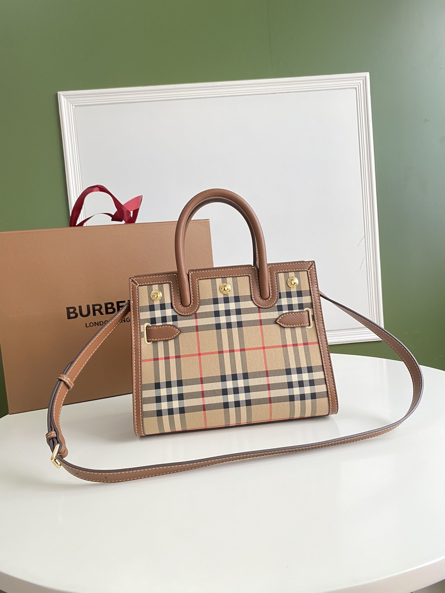 Burberry Mini Leather and Vintage Check Two-handle Title Bag Archive Beige