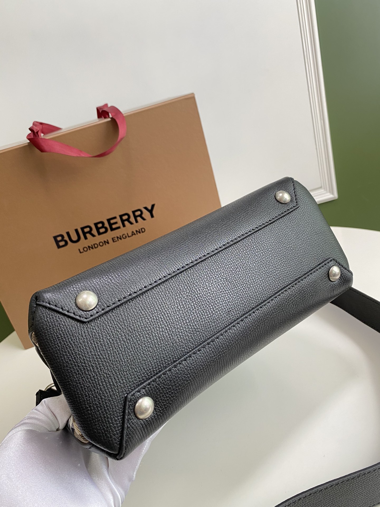 Burberry Mini Leather and Vintage Check Two-handle Title Bag Black with Black Strap