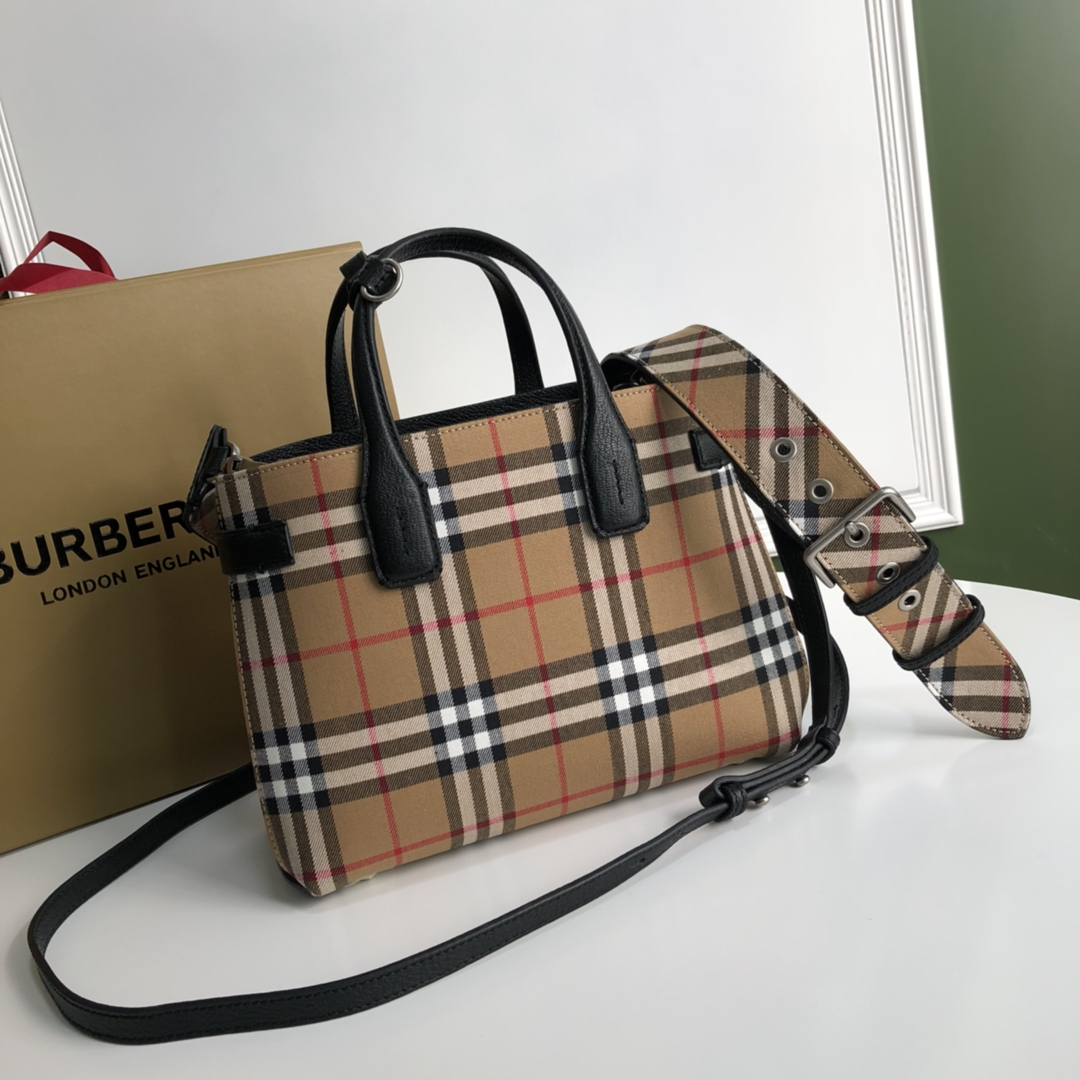 Burberry Mini Leather and Vintage Check Two-handle Title Bag with Black Strap