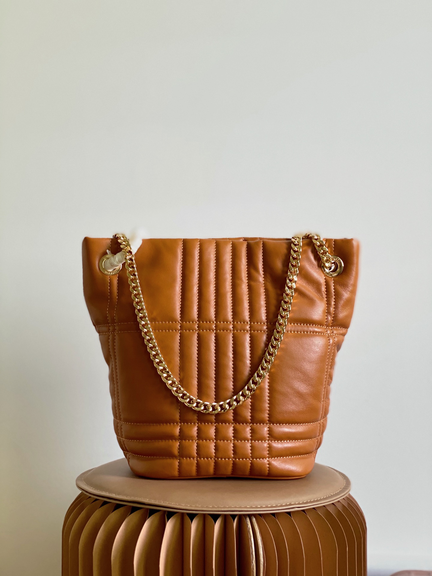 Burberry Small Quilted Lambskin Lola Bucket Bag Maple Brown