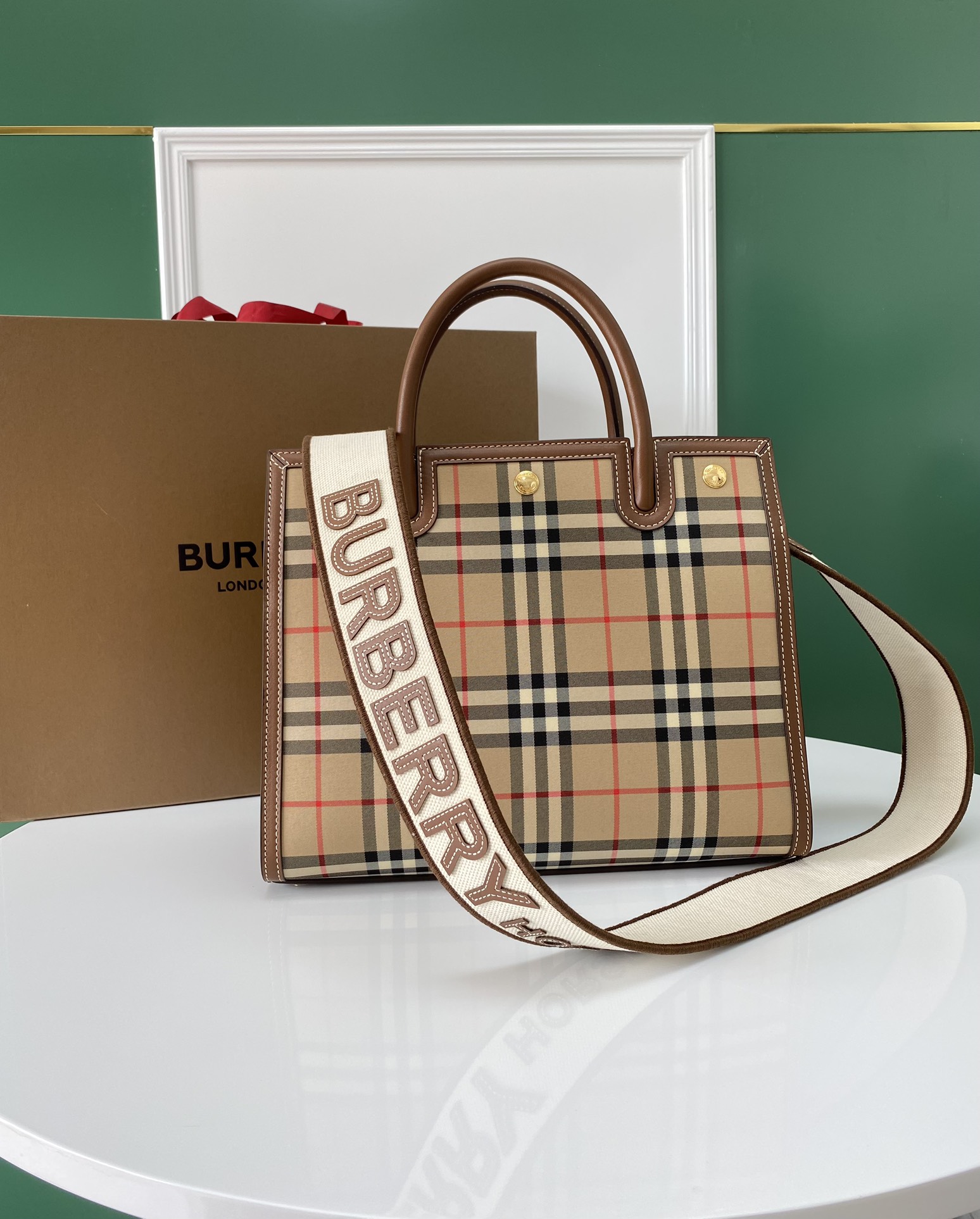 Burberry Vintage Check Small Two-handle Title Bag Archive Beige