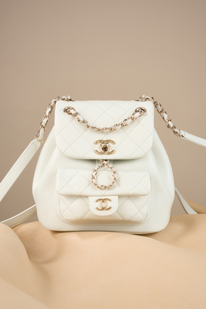 CHANEL 24P Mini Duma Drawstring Backpack White