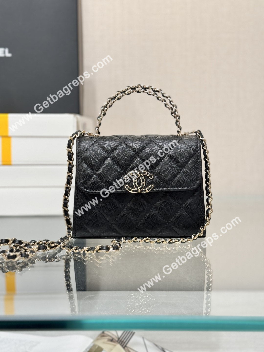 CHANEL Small Top Handle Phone Holder With Chain Black Caviar Quilted 