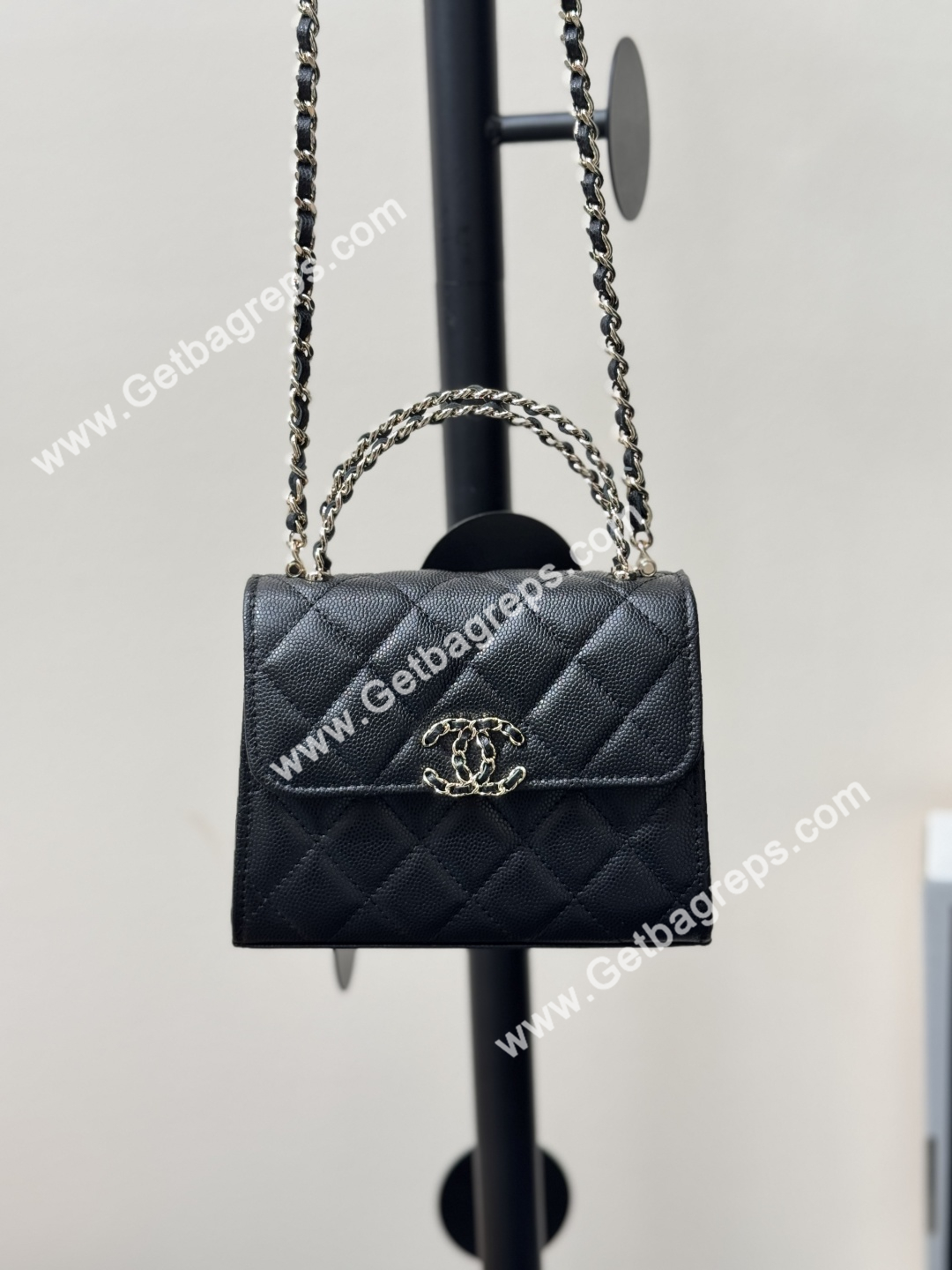 CHANEL Small Top Handle Phone Holder With Chain Black Caviar Quilted 