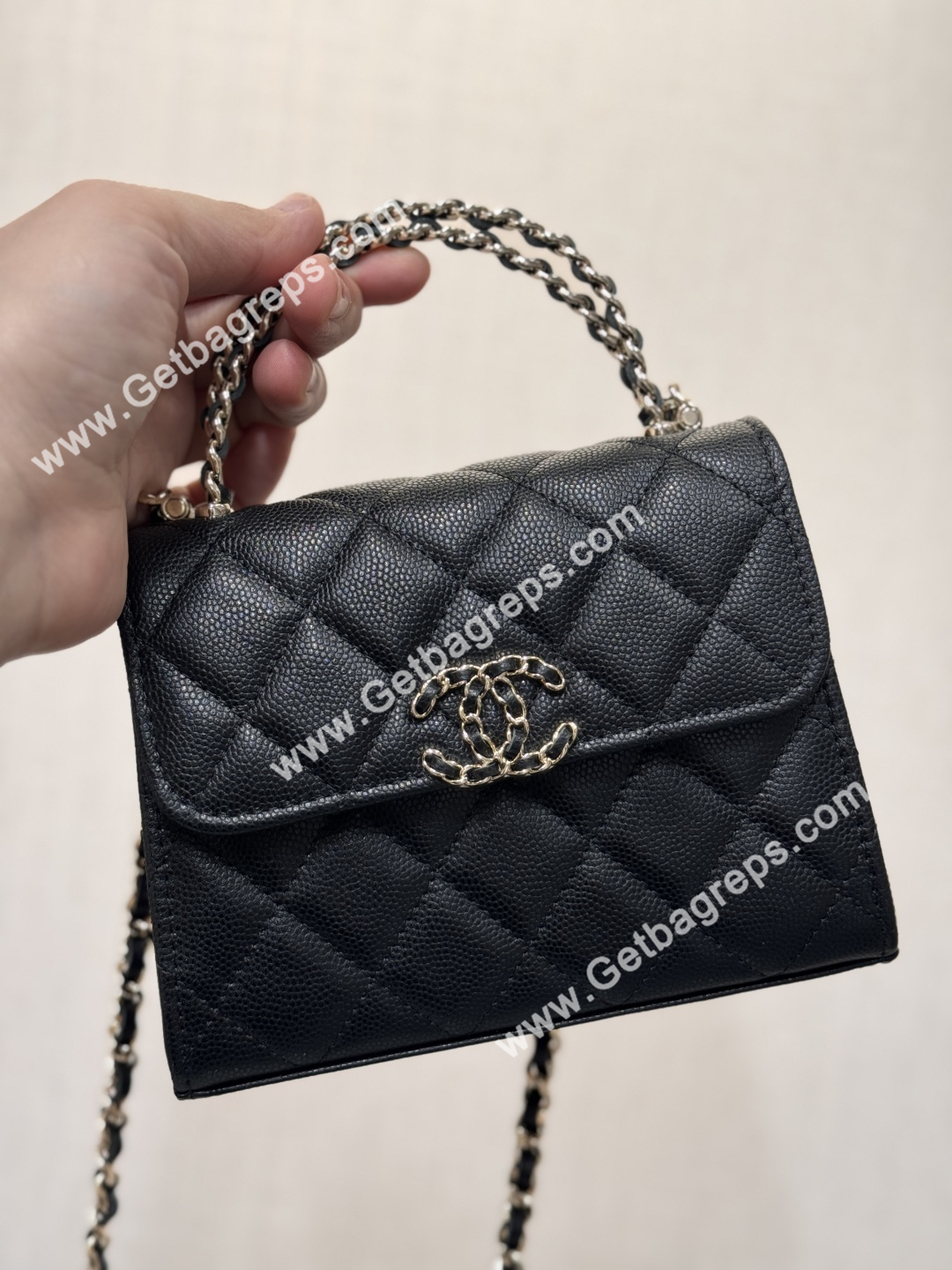 CHANEL Small Top Handle Phone Holder With Chain Black Caviar Quilted 