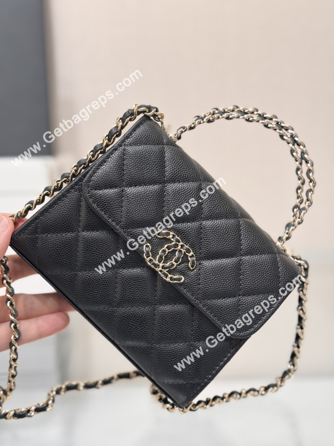 CHANEL Small Top Handle Phone Holder With Chain Black Caviar Quilted 