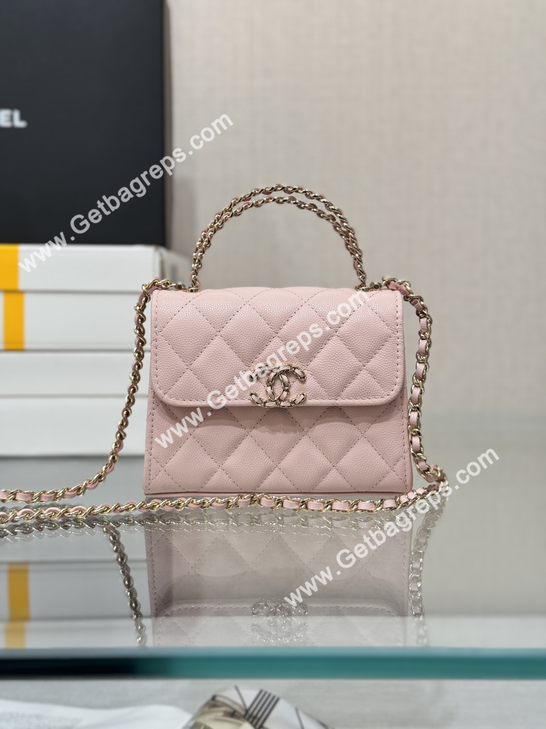 CHANEL Small Top Handle Phone Holder With Chain Pink Caviar Quilted 
