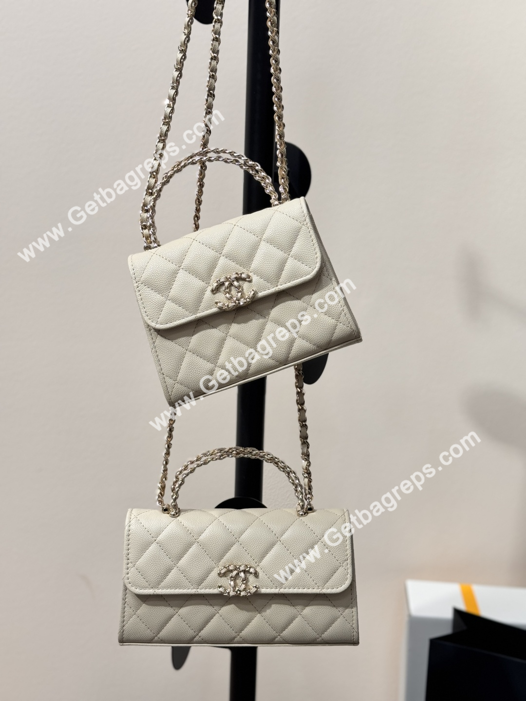 CHANEL Top Handle Phone Holder With Chain Beige Caviar Quilted