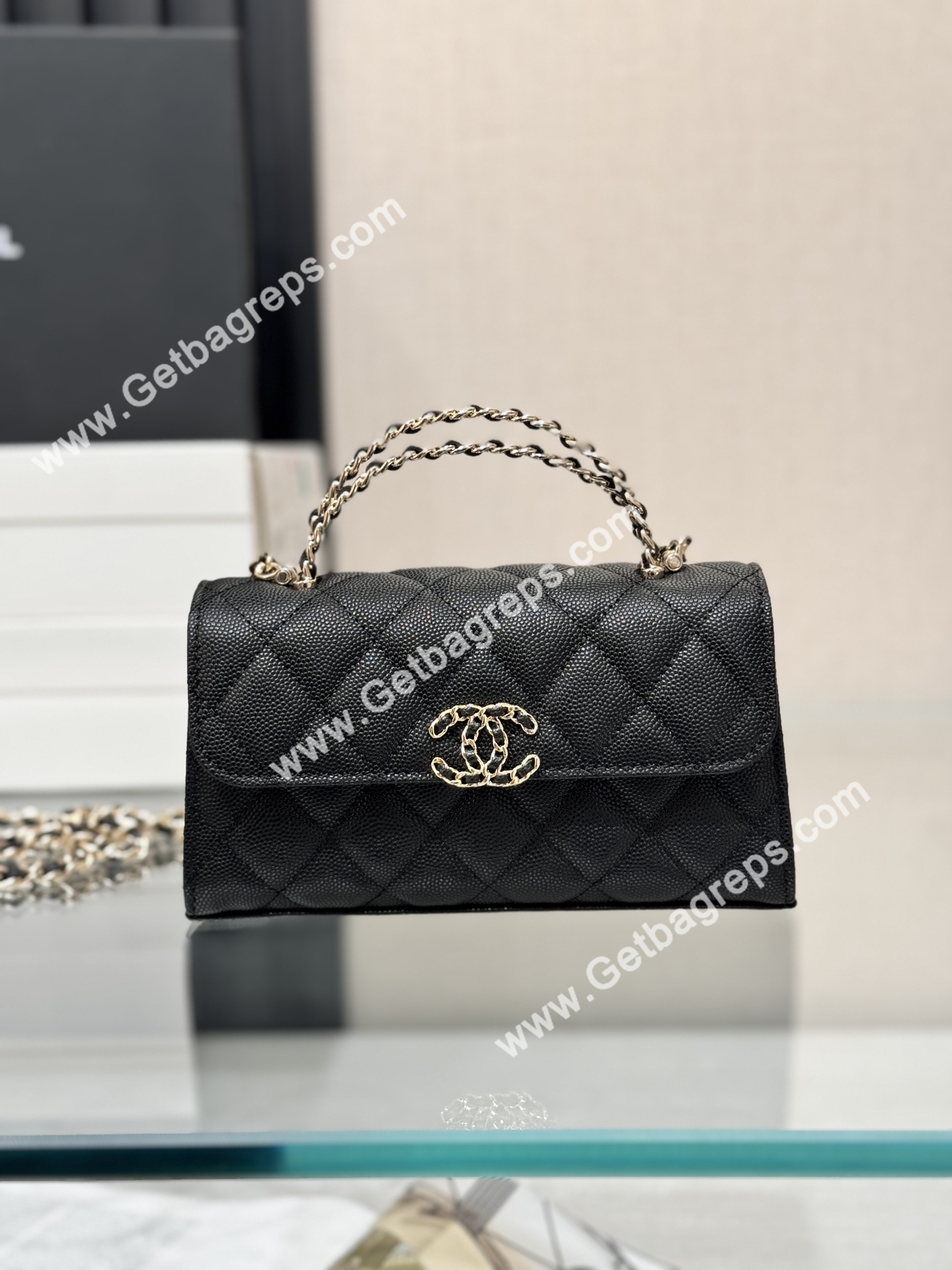 CHANEL Top Handle Phone Holder With Chain Black Caviar Quilted