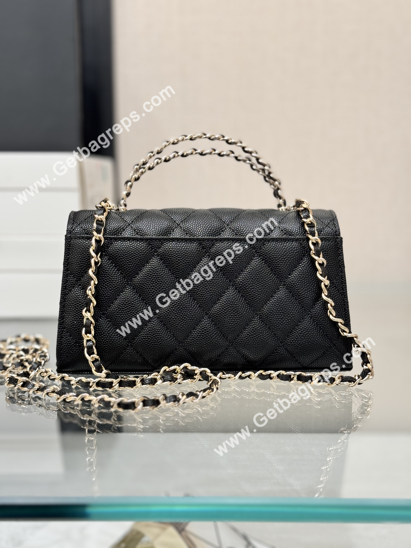 CHANEL Top Handle Phone Holder With Chain Black Caviar Quilted