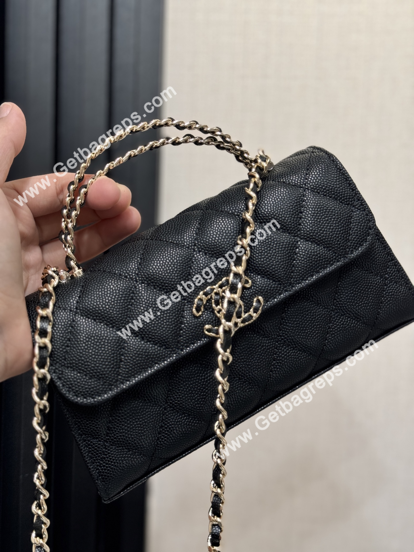 CHANEL Top Handle Phone Holder With Chain Black Caviar Quilted
