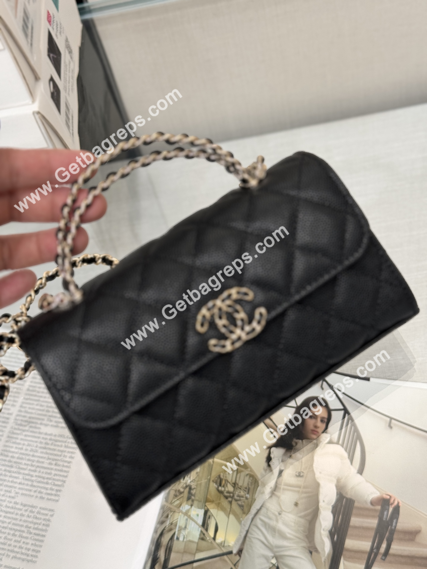 CHANEL Top Handle Phone Holder With Chain Black Caviar Quilted