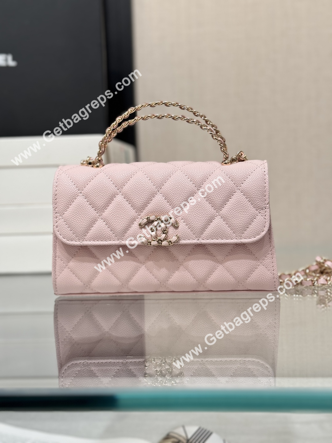 CHANEL Top Handle Phone Holder With Chain Pink Caviar Quilted