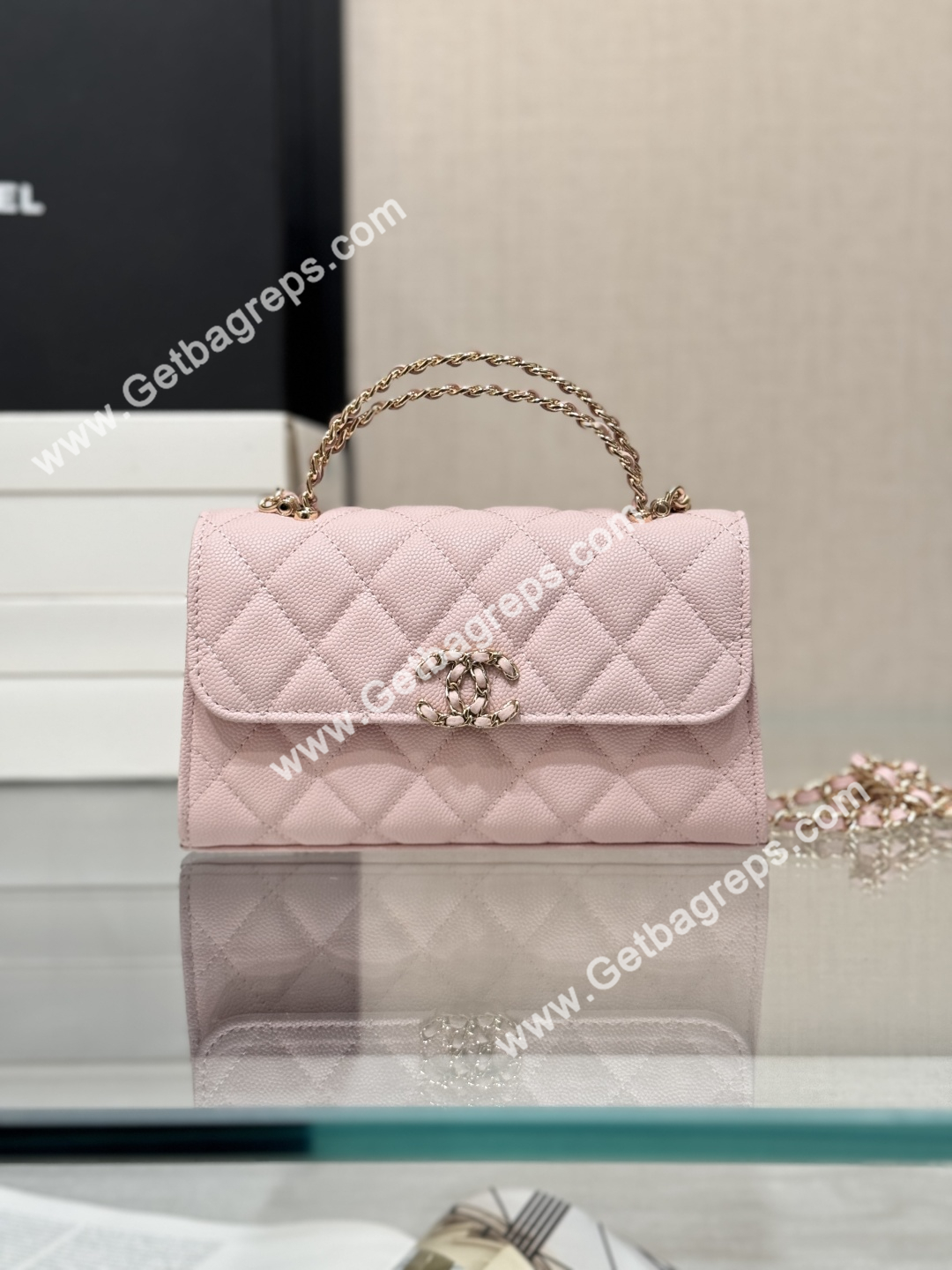CHANEL Top Handle Phone Holder With Chain Pink Caviar Quilted