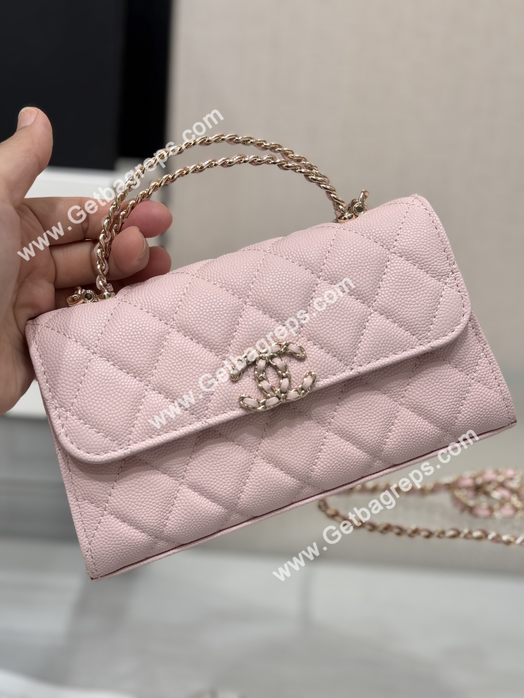 CHANEL Top Handle Phone Holder With Chain Pink Caviar Quilted