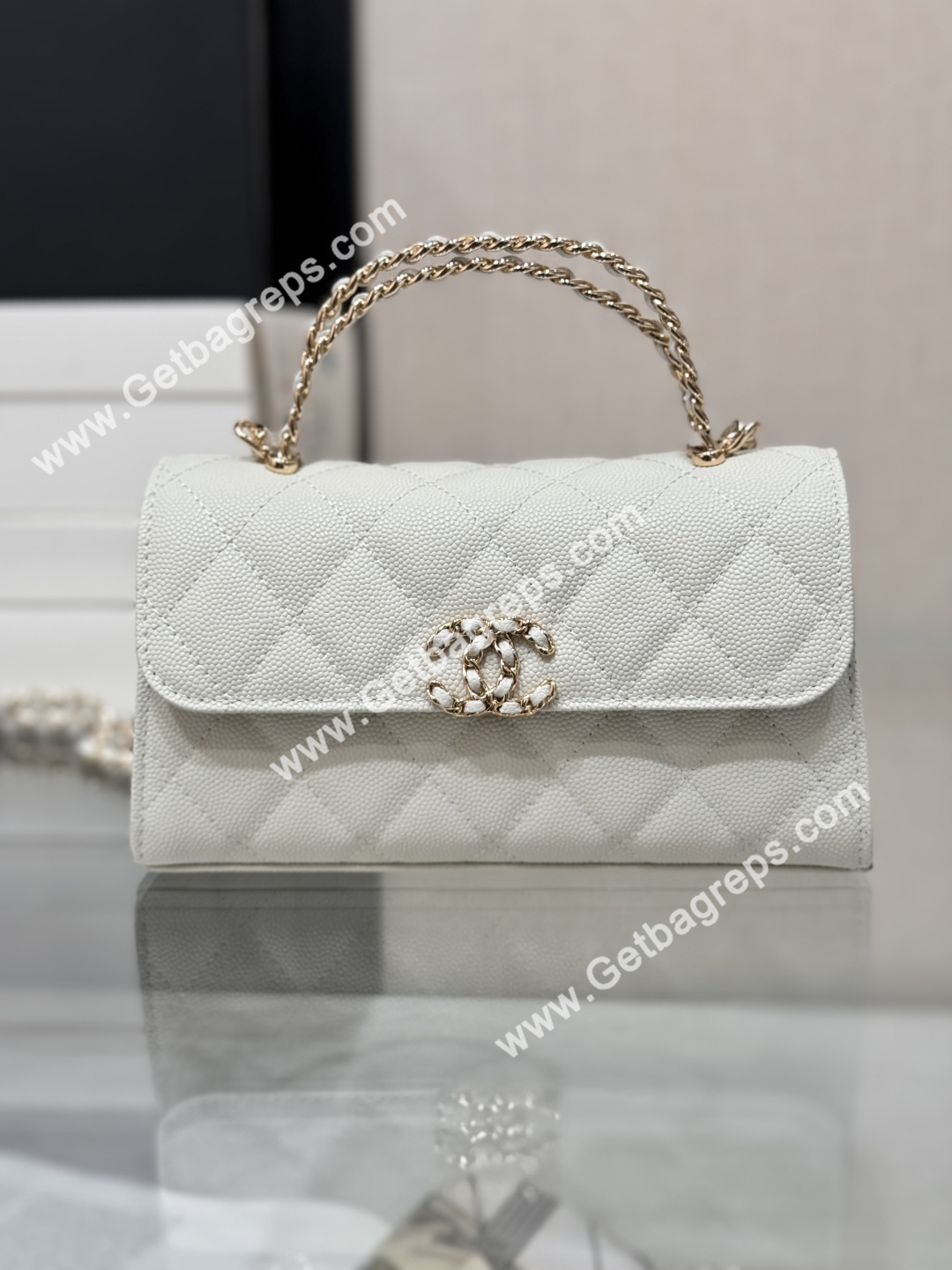 CHANEL Top Handle Phone Holder With Chain White Caviar Quilted