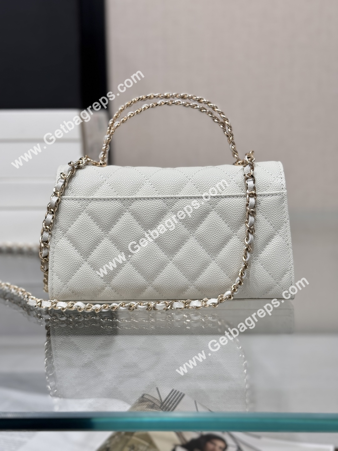 CHANEL Top Handle Phone Holder With Chain White Caviar Quilted