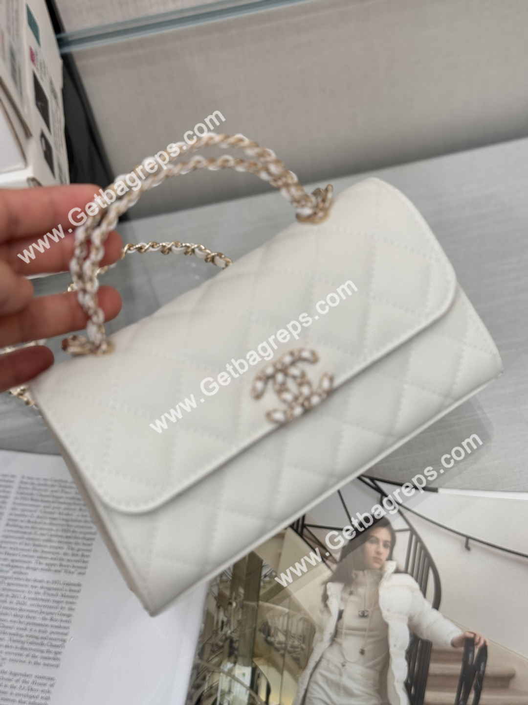 CHANEL Top Handle Phone Holder With Chain White Caviar Quilted