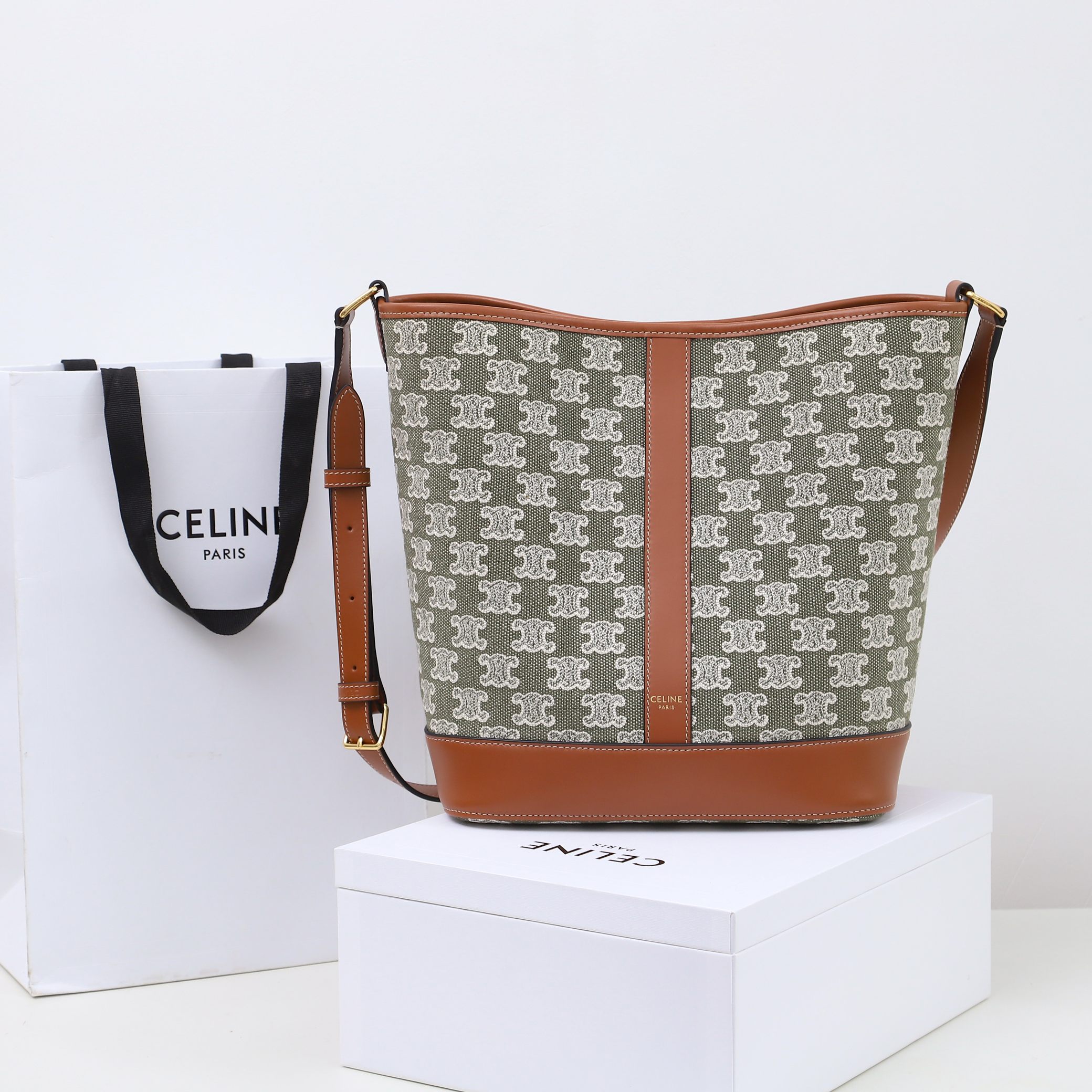 Celine Bucket in Triomphe Canvas And Calfskin Large