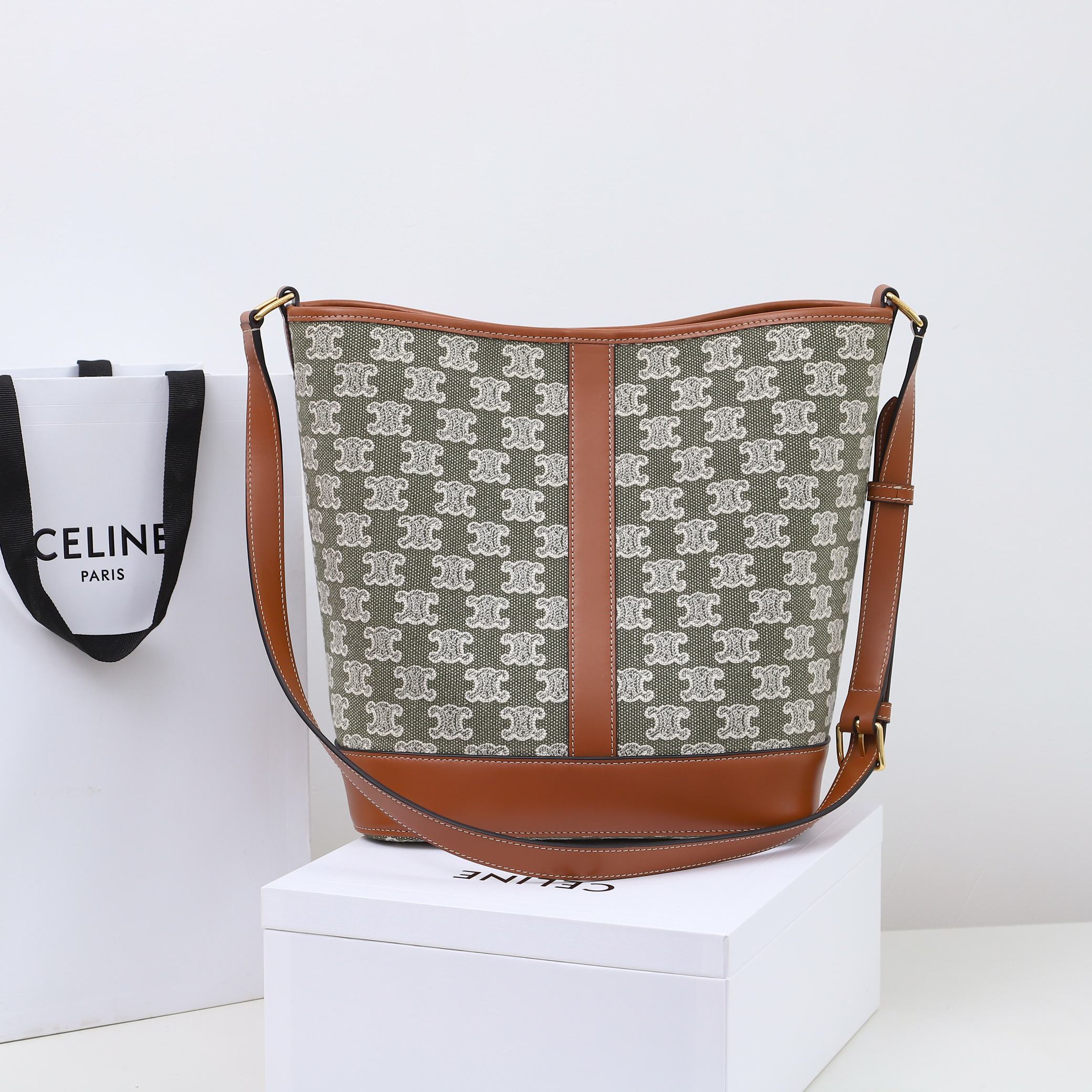 Celine Bucket in Triomphe Canvas And Calfskin Large