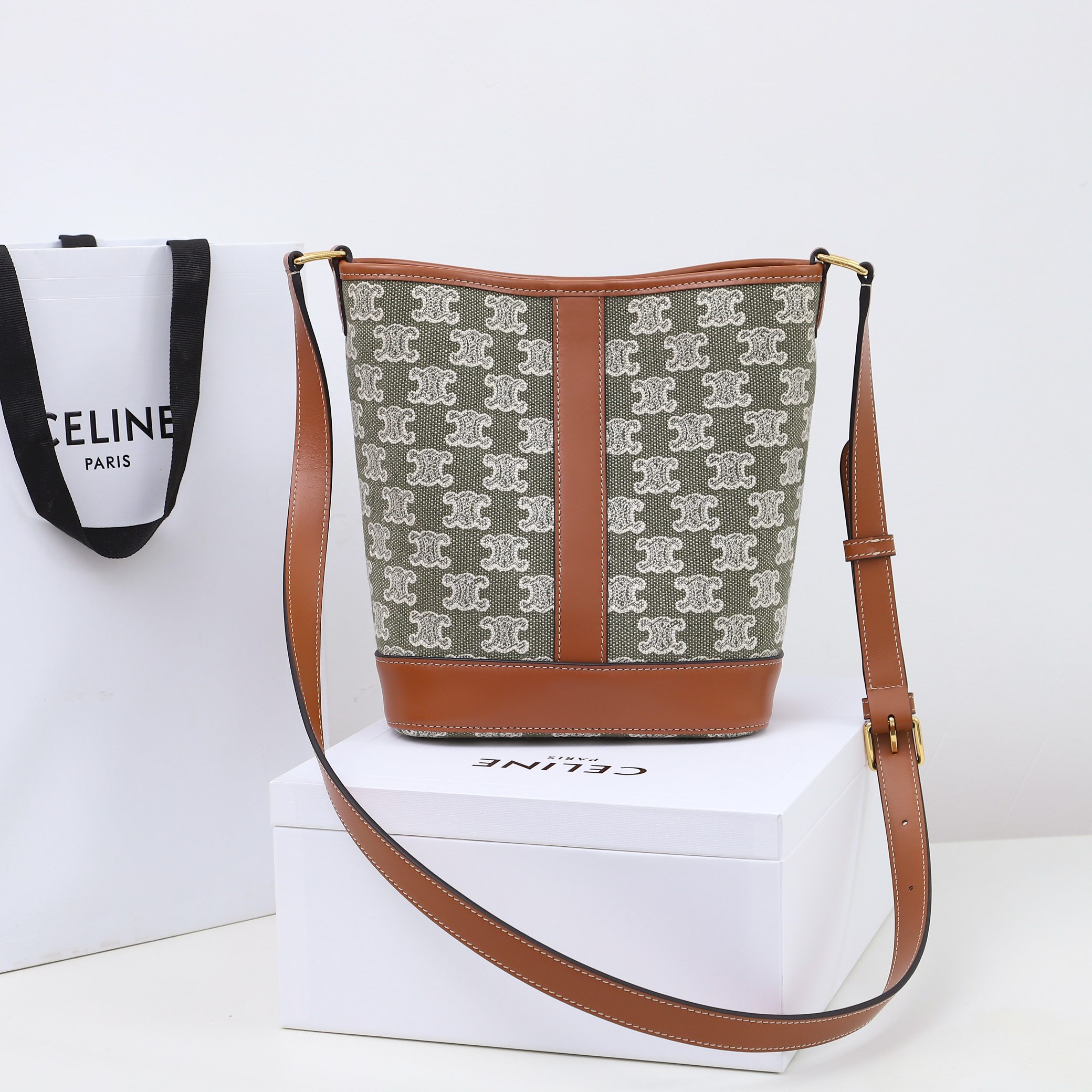 Celine Bucket in Triomphe Canvas And Calfskin Small