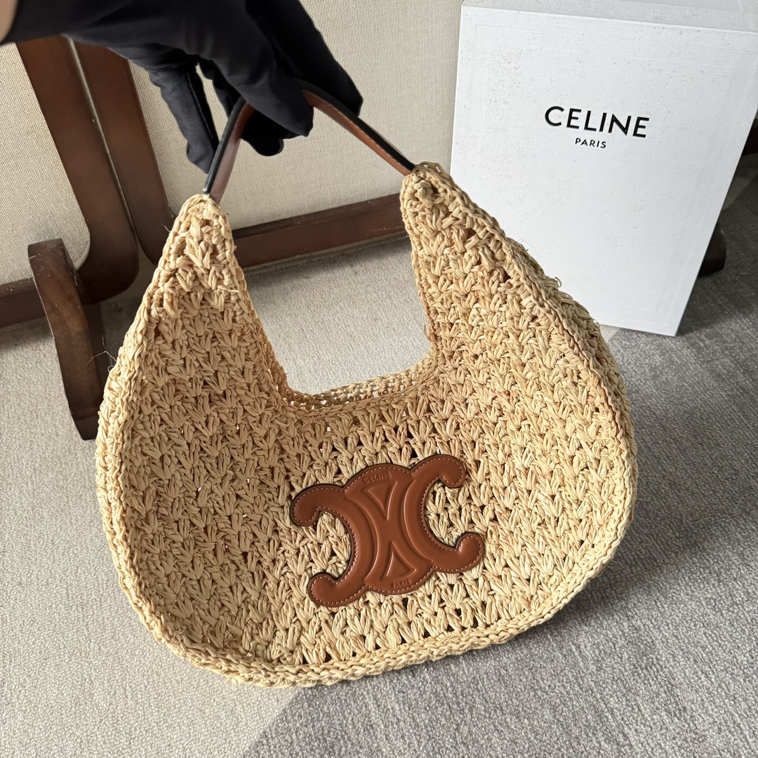 Celine Classic Panier Hobo Bag In Raffia And Calfskin Natural Tan