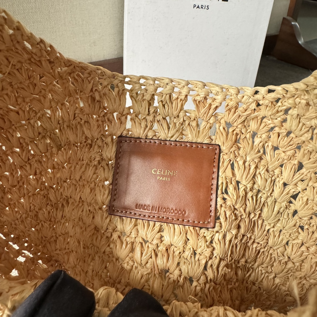 Celine Classic Panier Hobo Bag In Raffia And Calfskin Natural Tan