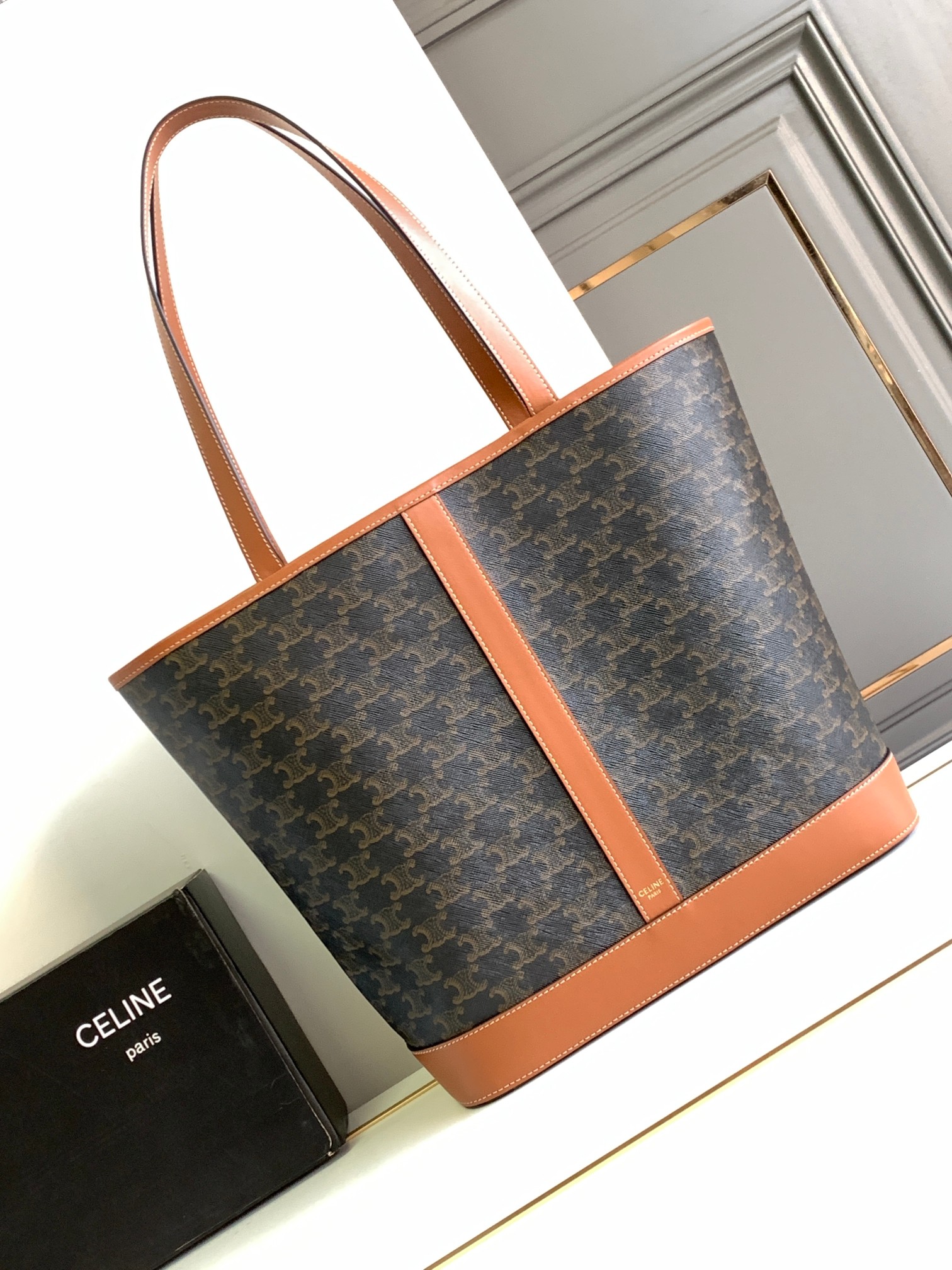 Celine Medium Cabas In Triomphe Canvas and Calfskin Tan