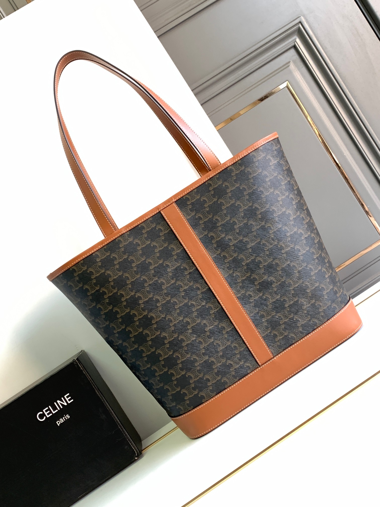 Celine Medium Cabas In Triomphe Canvas and Calfskin Tan