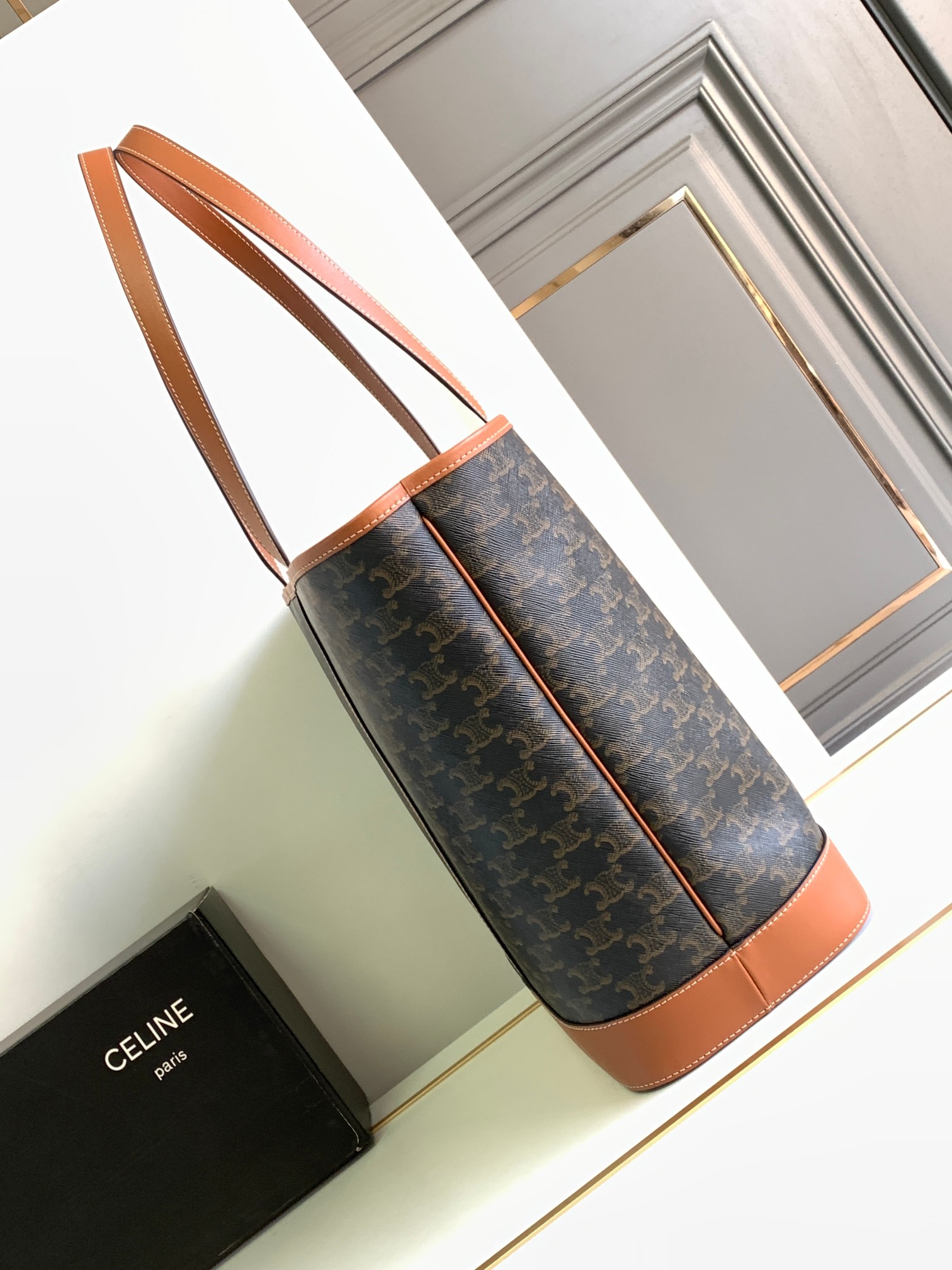 Celine Medium Cabas In Triomphe Canvas and Calfskin Tan