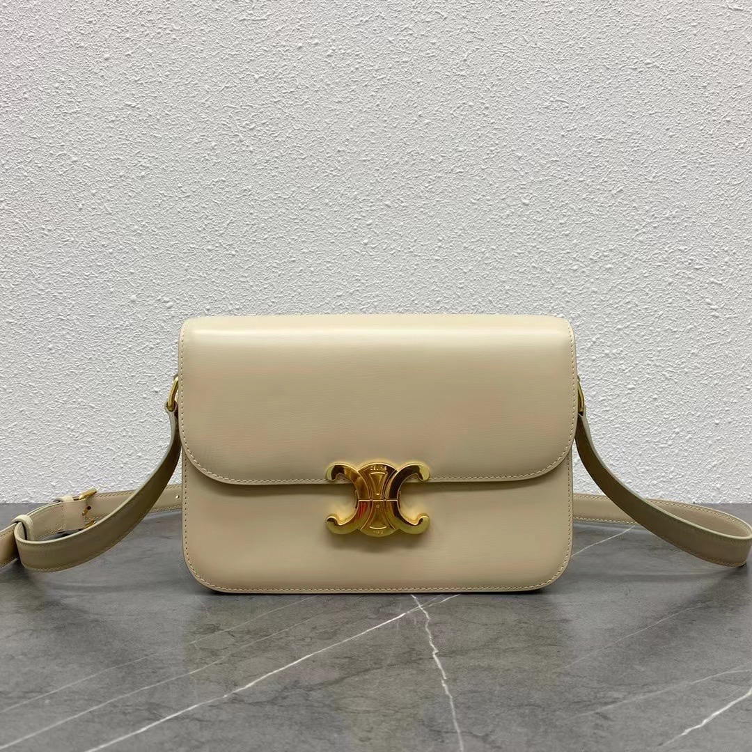 Celine Medium Classique Triomphe Bag In Shiny Calfskin Beige