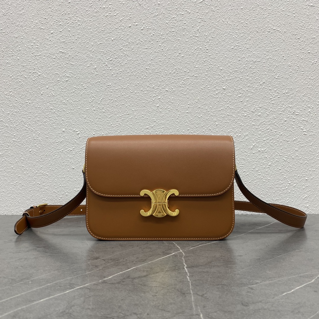 Celine Medium Classique Triomphe Bag In Shiny Calfskin Brown