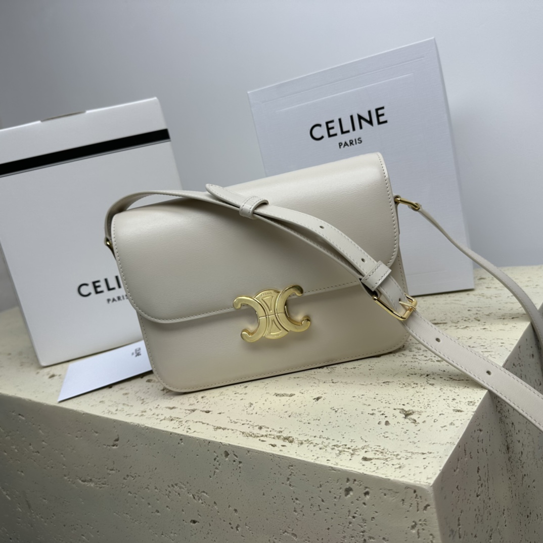 Celine Medium Classique Triomphe Bag In Shiny Calfskin Light Stone With Silver