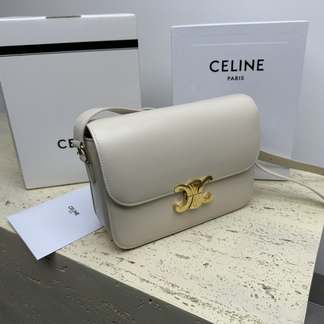 Celine Medium Classique Triomphe Bag In Shiny Calfskin Light Stone With Silver