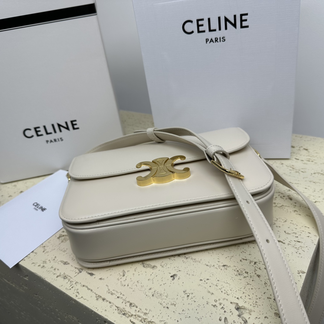 Celine Medium Classique Triomphe Bag In Shiny Calfskin Light Stone With Silver