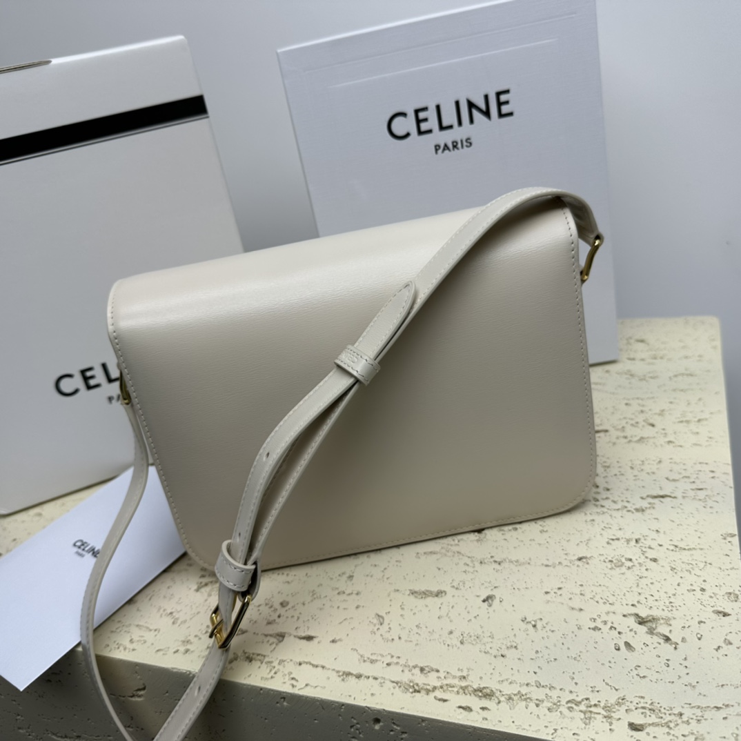 Celine Medium Classique Triomphe Bag In Shiny Calfskin Light Stone With Silver