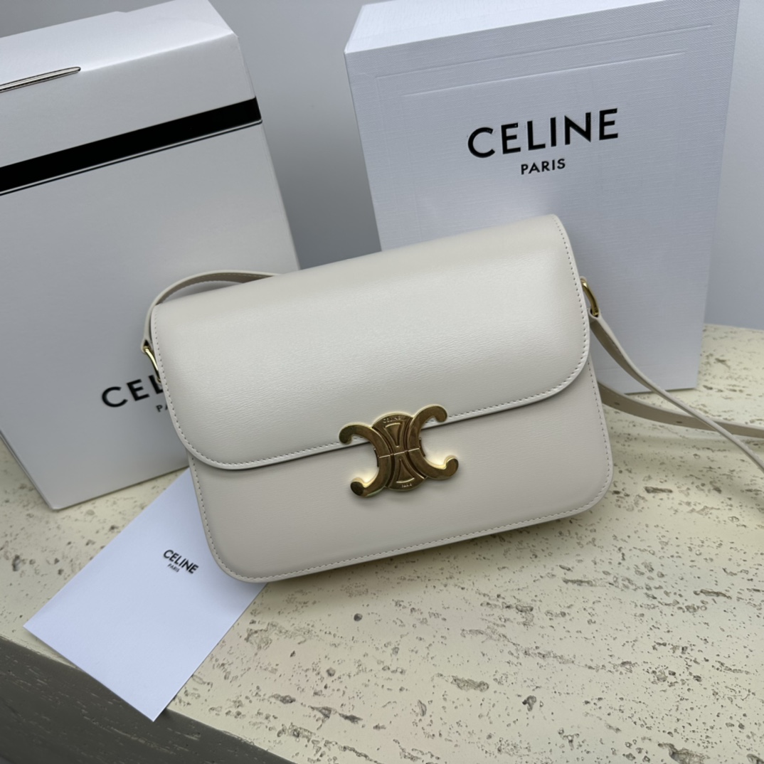 Celine Medium Classique Triomphe Bag In Shiny Calfskin Light Stone With Silver