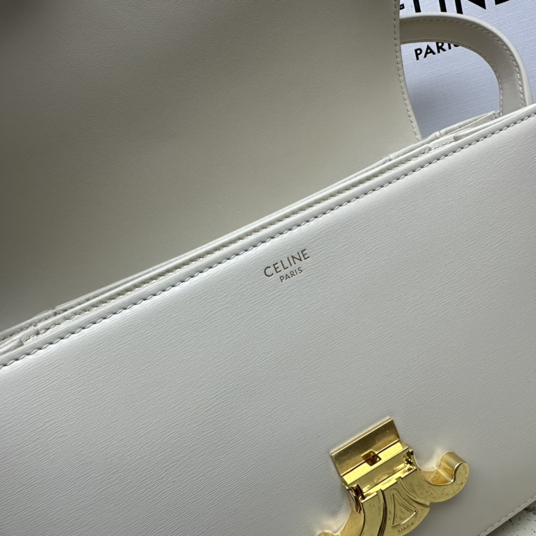 Celine Medium Classique Triomphe Bag In Shiny Calfskin Light Stone With Silver