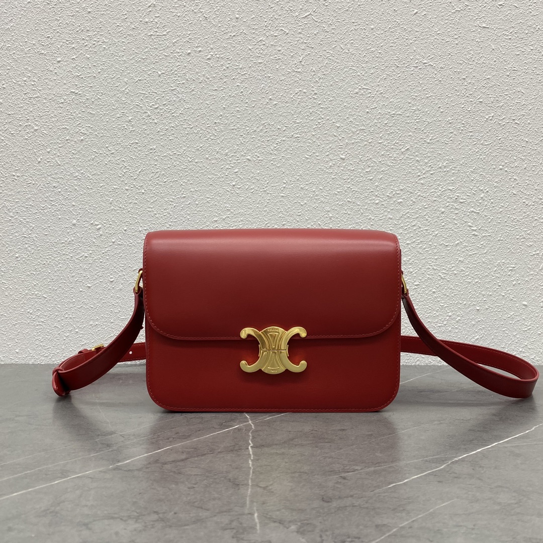 Celine Medium Classique Triomphe Bag In Shiny Calfskin Red With Silver