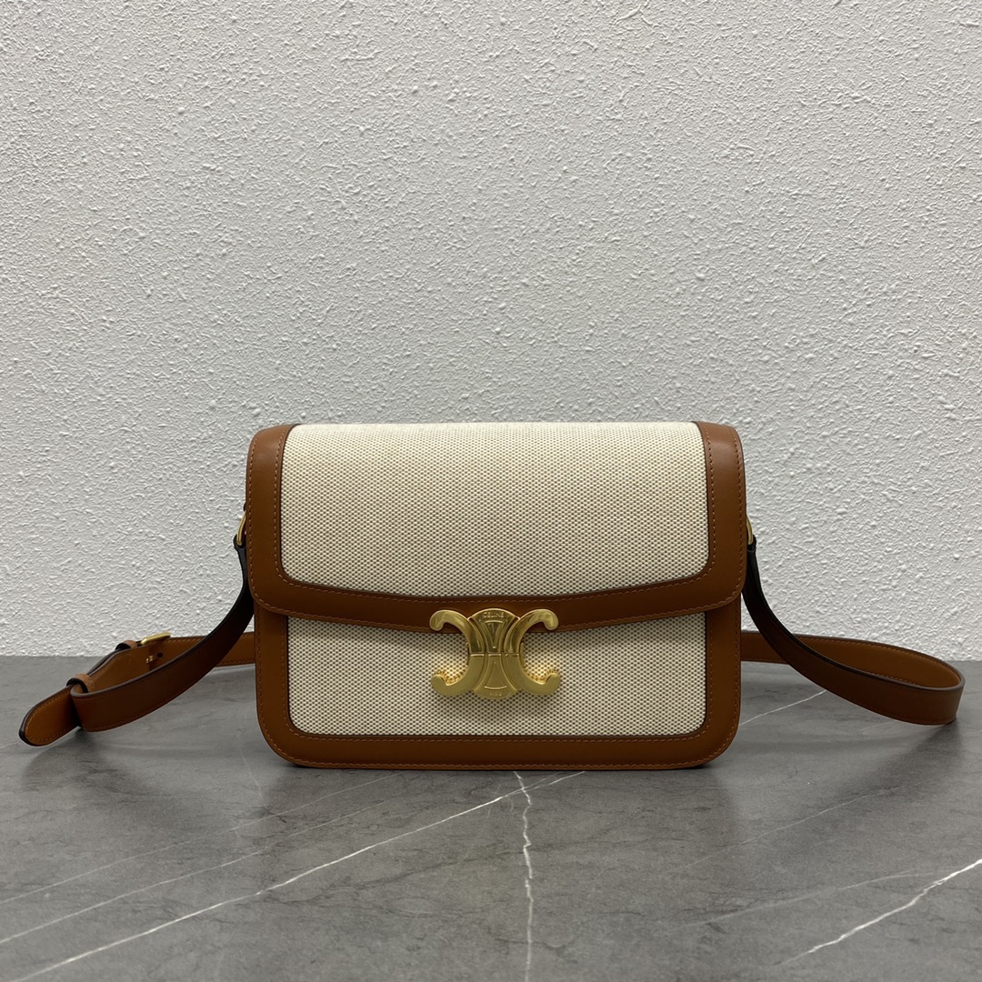 Celine Medium Classique Triomphe Bag In Shiny Calfskin Tan and Brown 