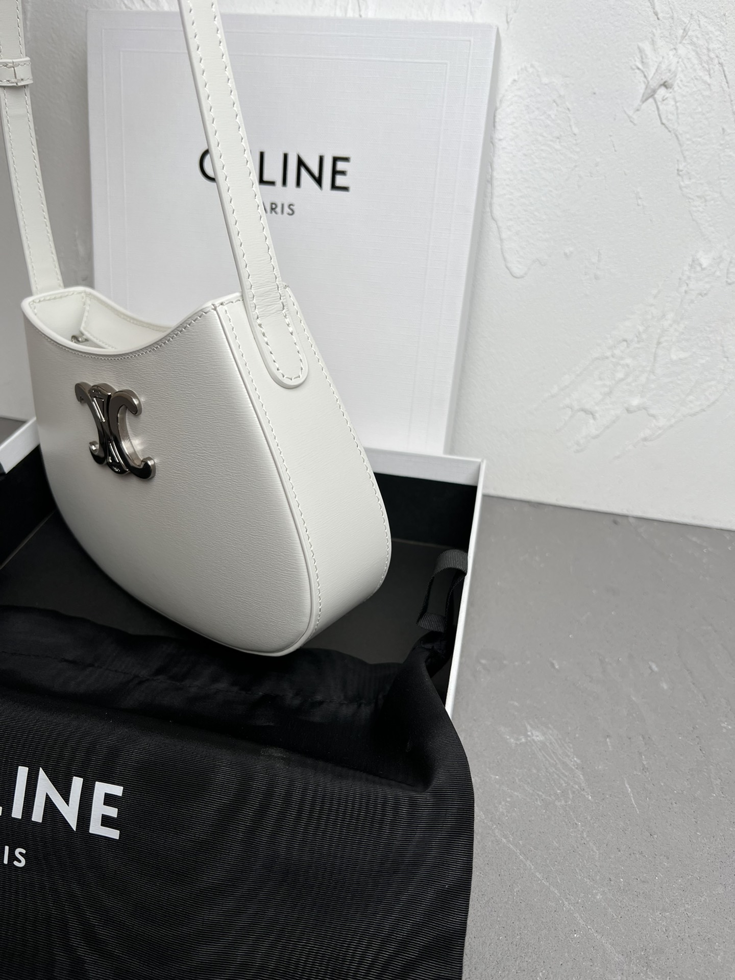 Celine Medium Tilly Bag In Shiny Calfskin White