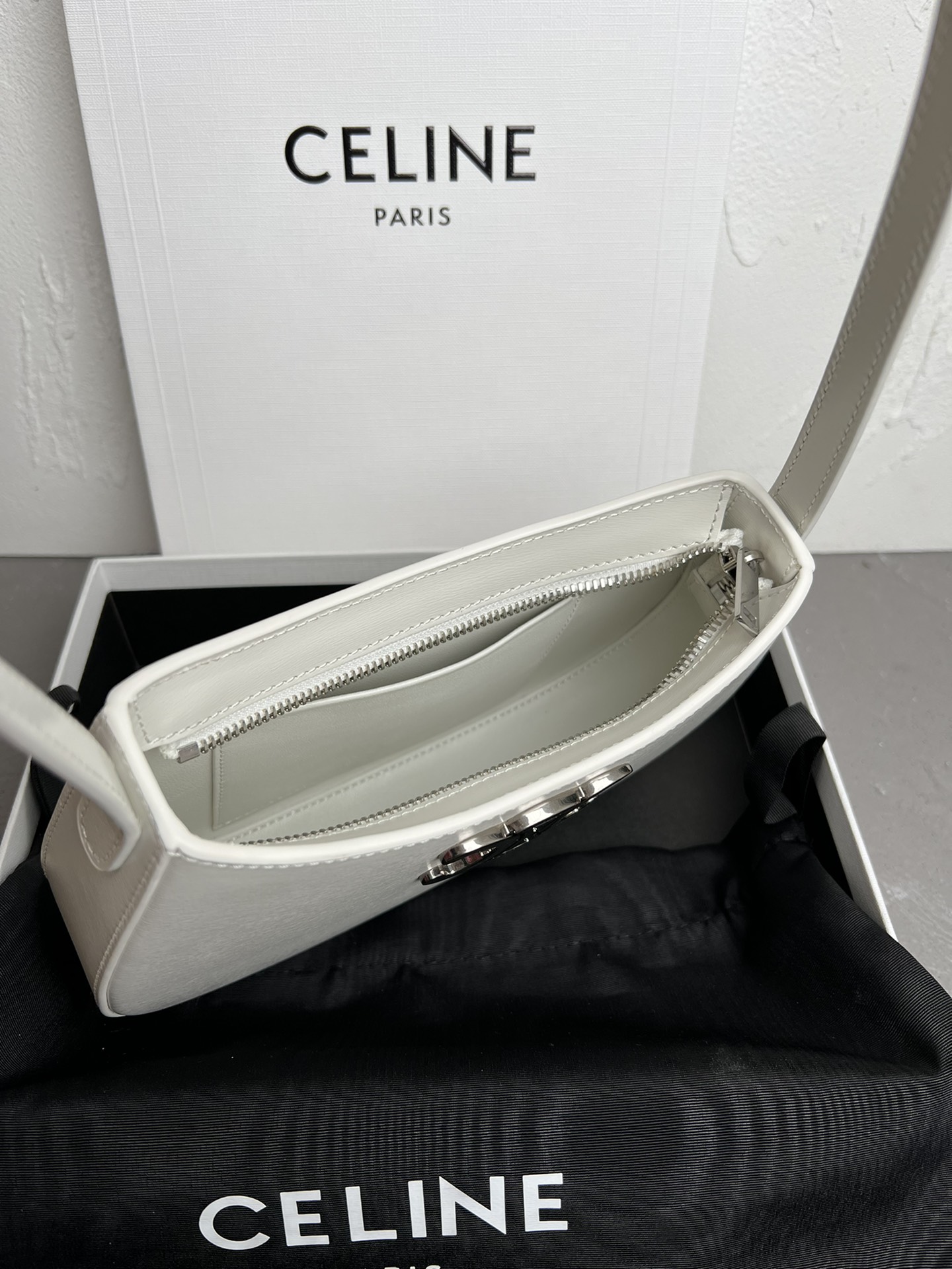 Celine Medium Tilly Bag In Shiny Calfskin White